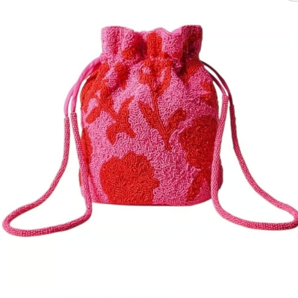 Kate Spade Target Beaded Classic Rose Drawstring Bucket Bag Pink Red Floral